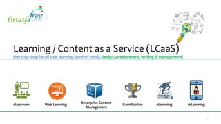 Click to edit Master title style
Learning / Content as a Service (LCaaS)
One stop-shop for all your learning / content needs, design, development, writing & management!
1
classroom Web Learning eLearning mLearningGamificationEnterprise Content
Management
 
