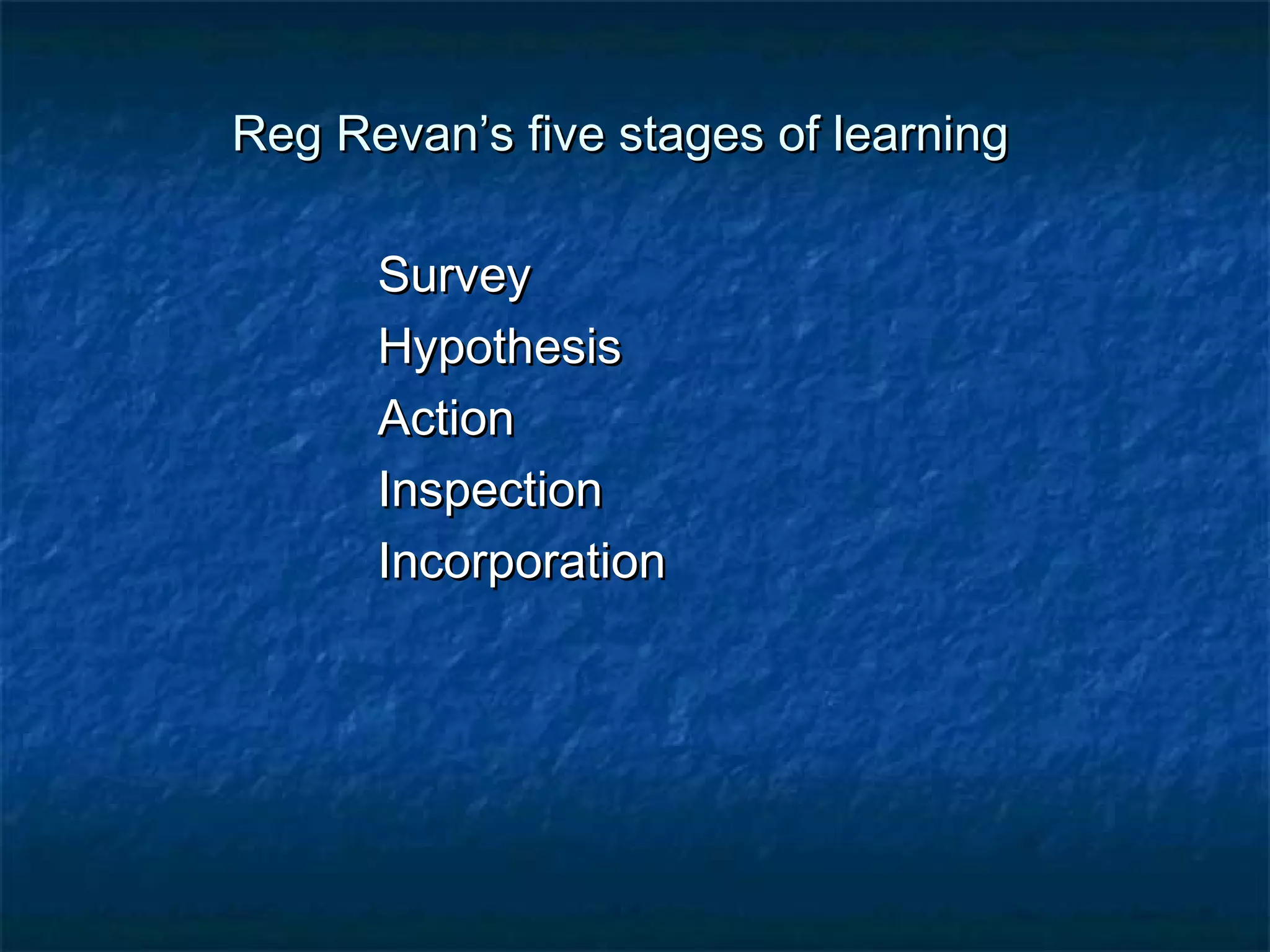 Reg RReevvaann’’ss ffiivvee ssttaaggeess ooff lleeaarrnniinngg 
SSuurrvveeyy 
HHyyppootthheessiiss 
AAccttiioonn 
IInnssppeeccttiioonn 
IInnccoorrppoorraattiioonn 
 