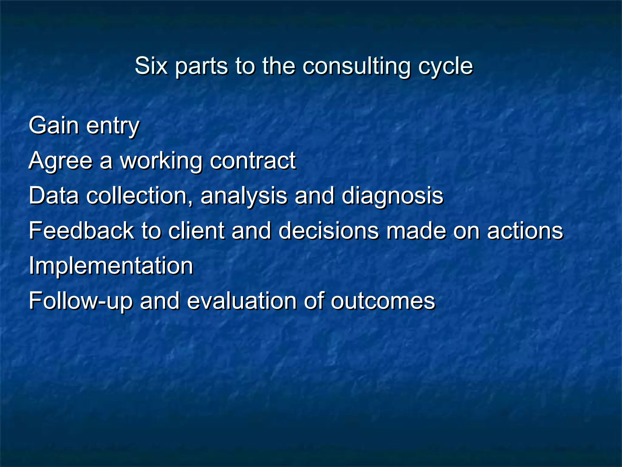 Six ppaarrttss ttoo tthhee ccoonnssuullttiinngg ccyyccllee 
GGaaiinn eennttrryy 
AAggrreeee aa wwoorrkkiinngg ccoonnttrraacctt 
DDaattaa ccoolllleeccttiioonn,, aannaallyyssiiss aanndd ddiiaaggnnoossiiss 
FFeeeeddbbaacckk ttoo cclliieenntt aanndd ddeecciissiioonnss mmaaddee oonn aaccttiioonnss 
IImmpplleemmeennttaattiioonn 
FFoollllooww--uupp aanndd eevvaalluuaattiioonn ooff oouuttccoommeess 
 