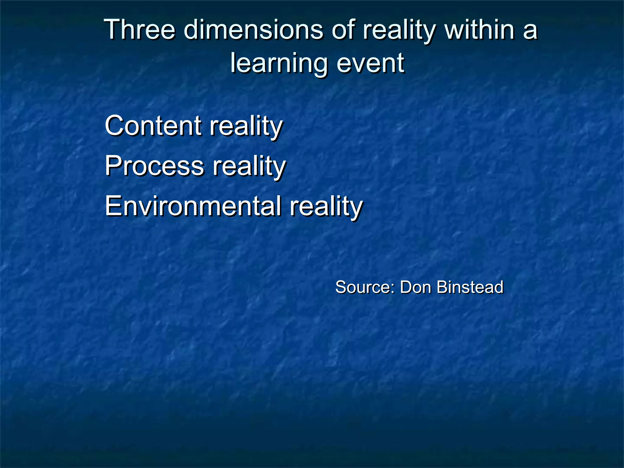 Three ddiimmeennssiioonnss ooff rreeaalliittyy wwiitthhiinn aa 
lleeaarrnniinngg eevveenntt 
CCoonntteenntt rreeaalliittyy 
PPrroocceessss rreeaalliittyy 
EEnnvviirroonnmmeennttaall rreeaalliittyy 
SSoouurrccee:: DDoonn BBiinnsstteeaadd 
 