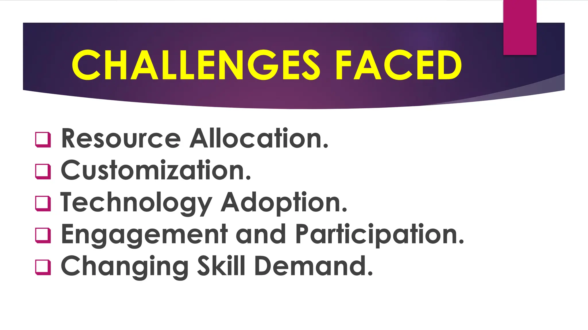 CHALLENGES FACED
❑ Resource Allocation.
❑ Customization.
❑ Technology Adoption.
❑ Engagement and Participation.
❑ Changing Skill Demand.
 