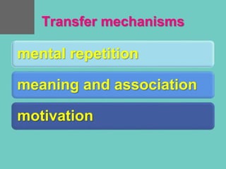 Transfer mechanisms
mental repetition
meaning and association
motivation
 