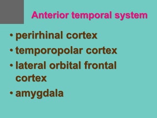 Anterior temporal system
• perirhinal cortex
• temporopolar cortex
• lateral orbital frontal
cortex
• amygdala
 