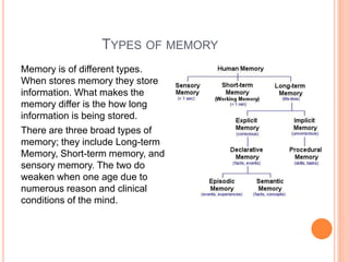 TYPES OF MEMORY
Memory is of different types.
When stores memory they store
information. What makes the
memory differ is t...