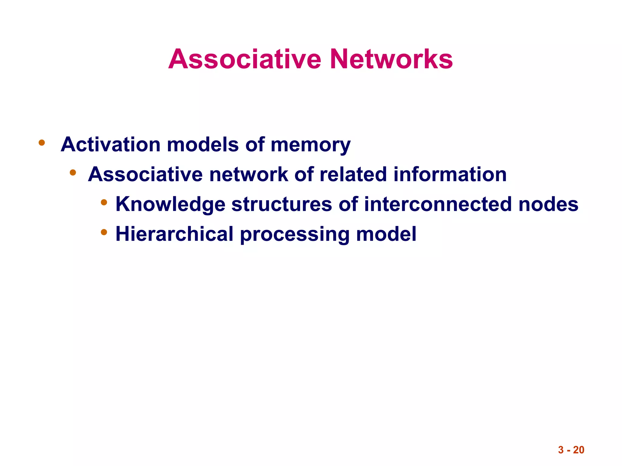 3 - 20
Associative Networks
• Activation models of memory
• Associative network of related information
• Knowledge structures of interconnected nodes
• Hierarchical processing model
 