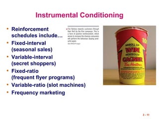 3 - 11
Instrumental Conditioning
• Reinforcement
schedules include…
• Fixed-interval
(seasonal sales)
• Variable-interval
(secret shoppers)
• Fixed-ratio
(frequent flyer programs)
• Variable-ratio (slot machines)
• Frequency marketing
 