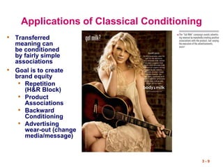 3 - 9
Applications of Classical Conditioning
• Transferred
meaning can
be conditioned
by fairly simple
associations
• Goal is to create
brand equity
• Repetition
(H&R Block)
• Product
Associations
• Backward
Conditioning
• Advertising
wear-out (change
media/message)
 