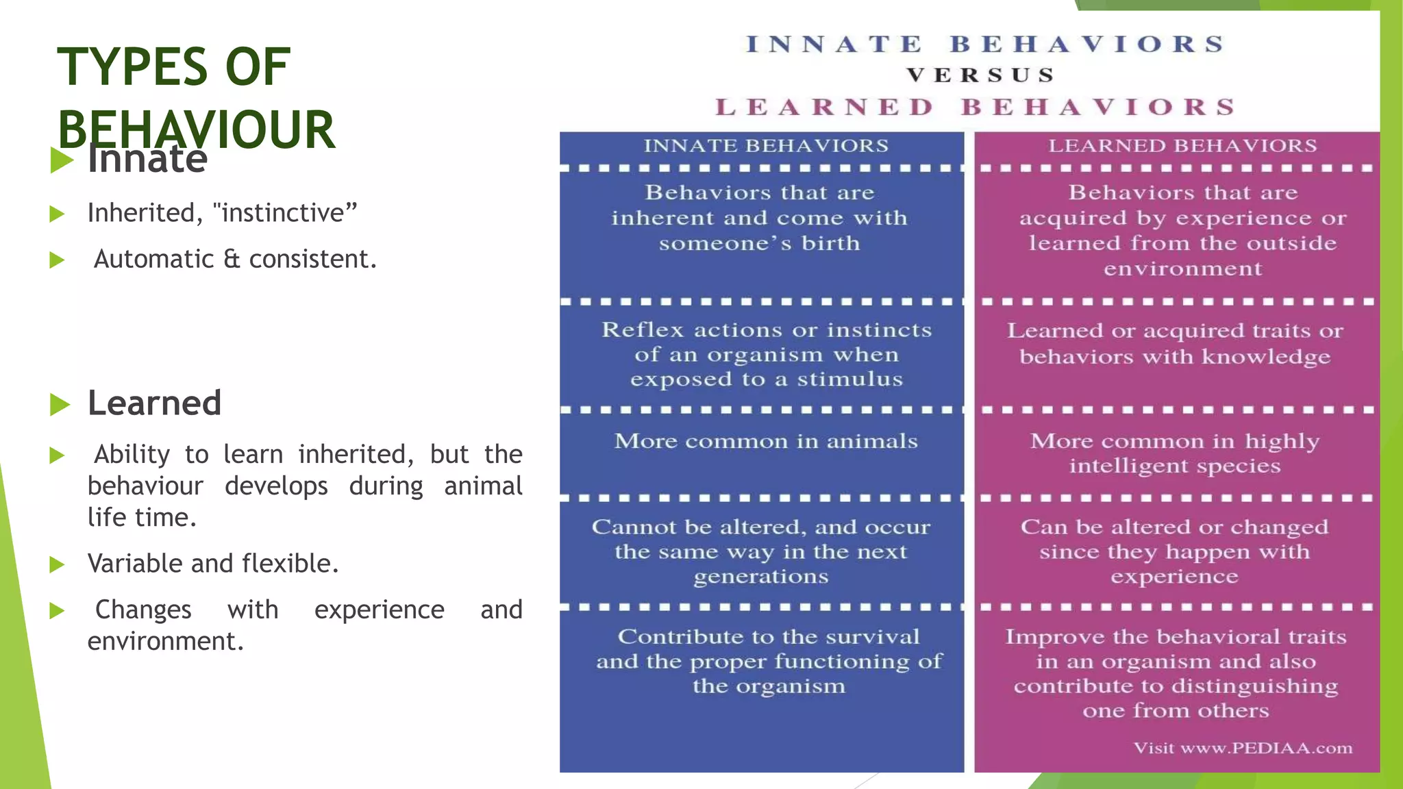 TYPES OF
BEHAVIOUR
 Innate
 Inherited, "instinctive”
 Automatic & consistent.
 Learned
 Ability to learn inherited, but the
behaviour develops during animal
life time.
 Variable and flexible.
 Changes with experience and
environment.
 