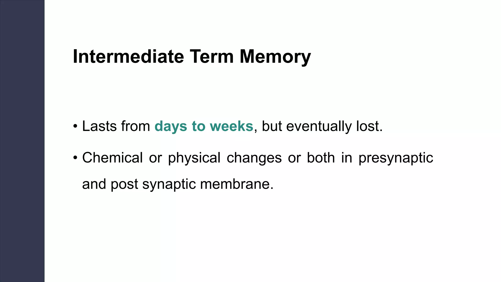 Intermediate Term Memory
• Lasts from days to weeks, but eventually lost.
• Chemical or physical changes or both in presynaptic
and post synaptic membrane.
 