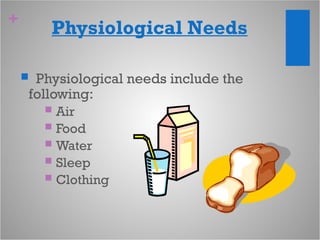 +
Physiological Needs
 Physiological needs include the
following:
 Air
 Food
 Water
 Sleep
 Clothing
 