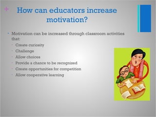 + How can educators increase
motivation?
• Motivation can be increased through classroom activities
that:
• Create curiosity
• Challenge
• Allow choices
• Provide a chance to be recognized
• Create opportunities for competition
• Allow cooperative learning
 