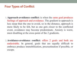 Four Types of Conflict:
1.Approach-avoidance conflict: is when the same goal produces
feelings of approach and avoidance. The gradient to approach is
less steep than the one to avoid, so in the distance, approach is
more likely to be felt, but as one gets closer to the conflicted
event, avoidance may become predominate. Anxiety is worst,
most disabling at the cross point of the 2 gradients.
2.Avoidance-avoidance conflict: offers 2 goals and both are
undesirable. In general, goals that are equally difficult to
embrace produce immobilization, procrastination if possible, or
escape.
 