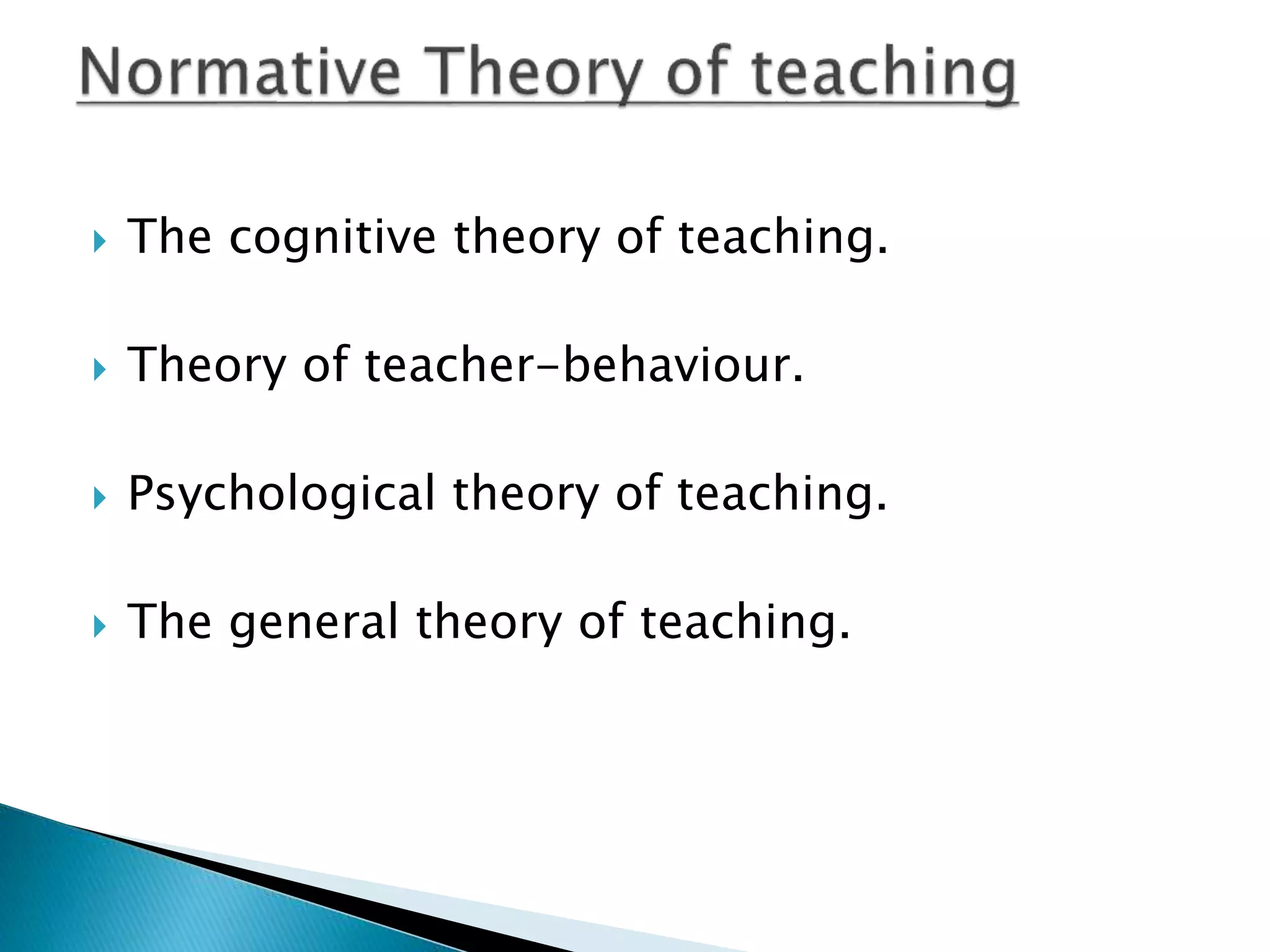 The cognitive theory of teaching.
 Theory of teacher-behaviour.
 Psychological theory of teaching.
 The general theory of teaching.
 
