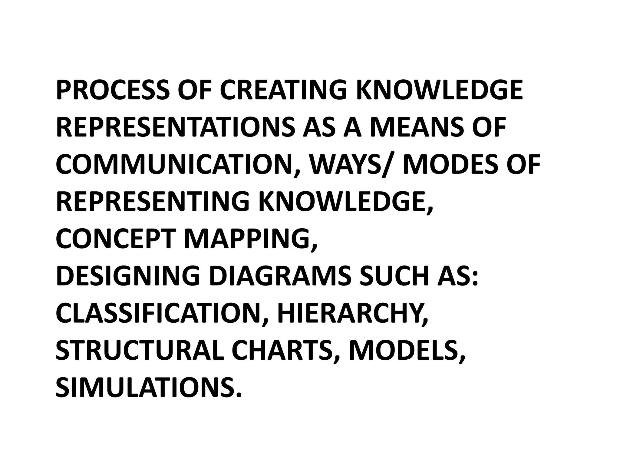 PROCESS OF CREATING KNOWLEDGE
REPRESENTATIONS AS A MEANS OF
COMMUNICATION, WAYS/ MODES OF
REPRESENTING KNOWLEDGE,
CONCEPT MAPPING,
DESIGNING DIAGRAMS SUCH AS:
CLASSIFICATION, HIERARCHY,
STRUCTURAL CHARTS, MODELS,
SIMULATIONS.
 