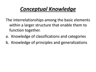 Conceptual Knowledge
The interrelationships among the basic elements
within a larger structure that enable them to
function together.
a. Knowledge of classifications and categories
b. Knowledge of principles and generalizations
 