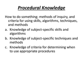 Procedural Knowledge
How to do something; methods of inquiry, and
criteria for using skills, algorithms, techniques,
and methods
a. Knowledge of subject-specific skills and
algorithms
b. Knowledge of subject-specific techniques and
methods
c. Knowledge of criteria for determining when
to use appropriate procedures
 