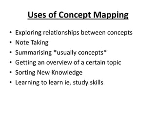 Uses of Concept Mapping
• Exploring relationships between concepts
• Note Taking
• Summarising *usually concepts*
• Getting an overview of a certain topic
• Sorting New Knowledge
• Learning to learn ie. study skills
 