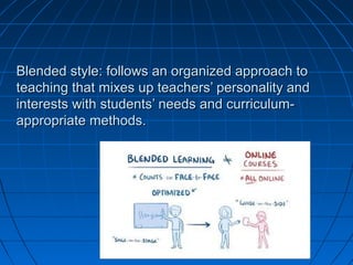 Blended style: follows an organized approach toBlended style: follows an organized approach to
teaching that mixes up teachers’ personality andteaching that mixes up teachers’ personality and
interests with students’ needs and curriculum-interests with students’ needs and curriculum-
appropriate methods.appropriate methods.
 