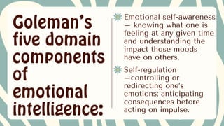 Goleman’s
five domain
components
of
emotional
intelligence:
Emotional self-awareness
– knowing what one is
feeling at any given time
and understanding the
impact those moods
have on others.
Self-regulation
–controlling or
redirecting one’s
emotions; anticipating
consequences before
acting on impulse.
 