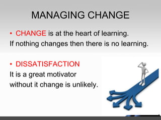 MANAGING CHANGE
• CHANGE is at the heart of learning.
If nothing changes then there is no learning.
• DISSATISFACTION
It is a great motivator
without it change is unlikely.
 