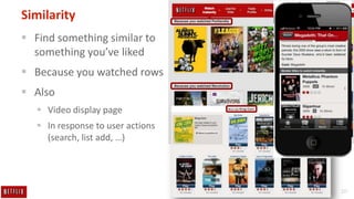 10
Similarity
 Find something similar to
something you’ve liked
 Because you watched rows
 Also
 Video display page
 In response to user actions
(search, list add, …)
 