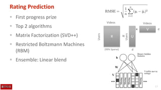 17
Rating Prediction
 First progress prize
 Top 2 algorithms
 Matrix Factorization (SVD++)
 Restricted Boltzmann Machi...