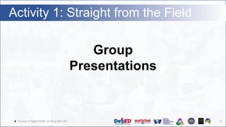 🔥 Training on Higher-Order Thinking Skills PLP
Activity 1: Straight from the Field
12
Group
Presentations
 