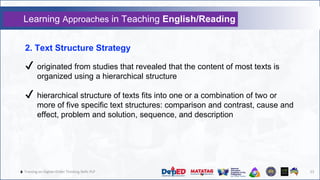 🔥 Training on Higher-Order Thinking Skills PLP 23
2. Text Structure Strategy
✔ originated from studies that revealed that the content of most texts is
organized using a hierarchical structure
✔ hierarchical structure of texts fits into one or a combination of two or
more of five specific text structures: comparison and contrast, cause and
effect, problem and solution, sequence, and description
Learning Approaches in Teaching English/Reading
 
