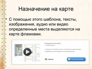 Назначение на карте
• С помощью этого шаблона, тексты,
изображения, аудио или видео
определенные места выделяются на
карте флажками.
 