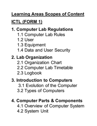 Learning Areas Scopes of Content
ICTL (FORM 1)
1. Computer Lab Regulations
1.1 Computer Lab Rules
1.2 User
1.3 Equipment
1.4 Data and User Security
2. Lab Organization
2.1 Organization Chart
2.2 Computer Lab Timetable
2.3 Logbook
3. Introduction to Computers
3.1 Evolution of the Computer
3.2 Types of Computers
4. Computer Parts & Components
4.1 Overview of Computer System
4.2 System Unit
 