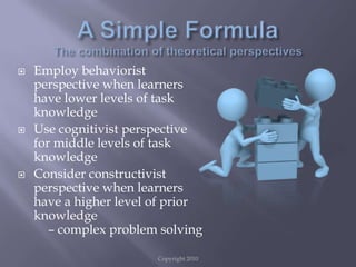 A Simple FormulaThe combination of theoretical perspectivesEmploy behaviorist perspective when learners have lower levels of task knowledgeUse cognitivist perspective for middle levels of task knowledgeConsider constructivist perspective when learners have a higher level of prior knowledge 				– complex problem solvingCopyright 2010