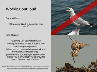 Working out loud:
Bryce Williams:
“Observable Work + Narrating Your
Work”
John Stepper:
“Working Out Loud starts with
making your work visible in such a way
that it might help others.
When you do that – when you work in a
more open, connected way –
you can build a purposeful network that
makes you more effective and provides
access to more opportunities.”
Sources: http://thebryceswrite.com/2010/11/29/when-will-we-work-out-loud-soon/
http://johnstepper.com/2014/01/04/the-5-elements-of-working-out-loud/