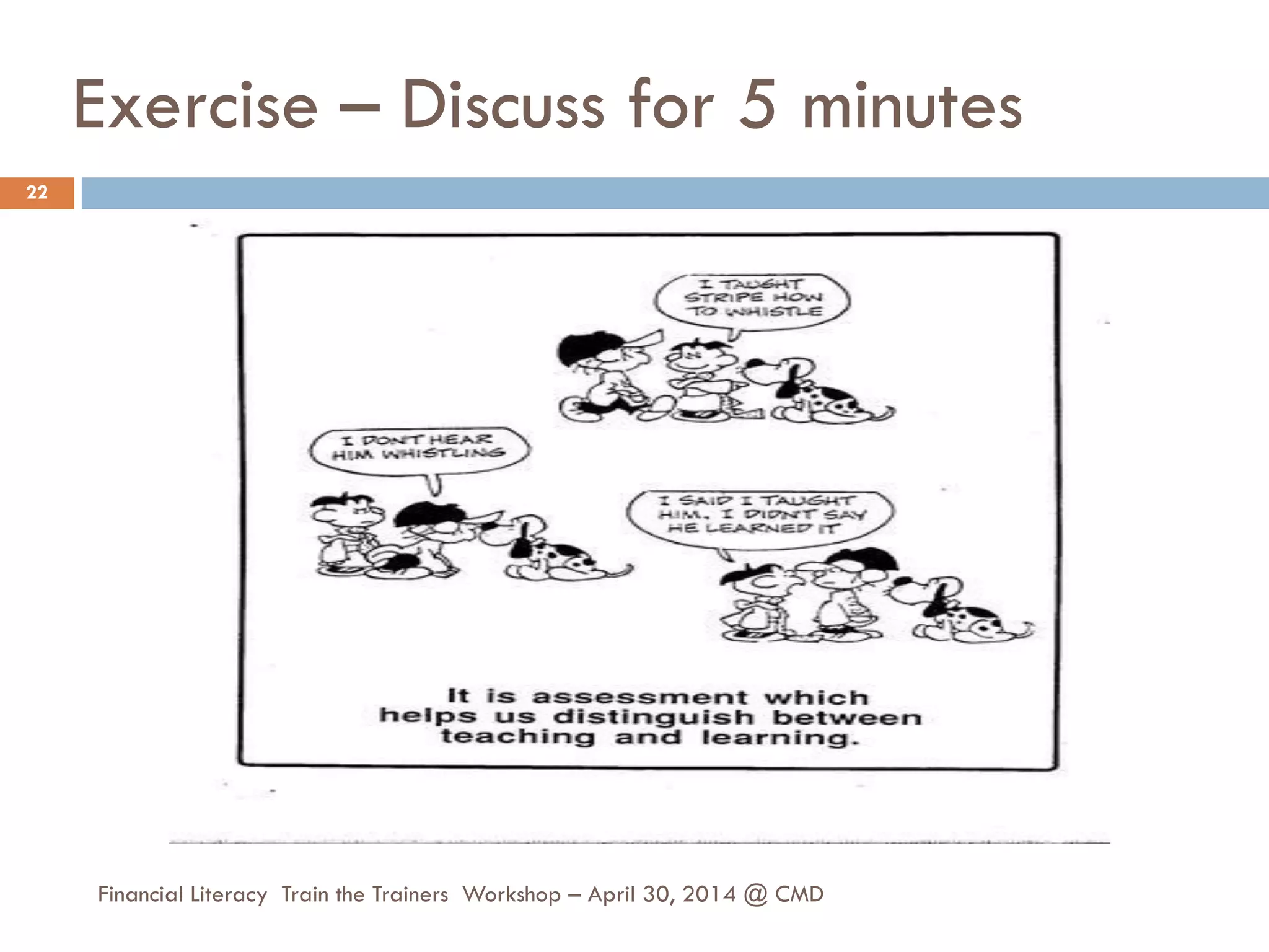 Exercise – Discuss for 5 minutes
22
Financial Literacy Train the Trainers Workshop – April 30, 2014 @ CMD
 