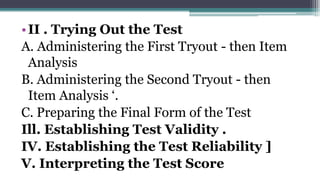 •II . Trying Out the Test
A. Administering the First Tryout - then Item
Analysis
B. Administering the Second Tryout - then
Item Analysis ‘.
C. Preparing the Final Form of the Test
Ill. Establishing Test Validity .
IV. Establishing the Test Reliability ]
V. Interpreting the Test Score
 