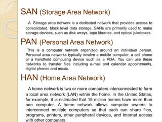 SAN (Storage Area Network) 
A Storage area network is a dedicated network that provides access to 
consolidated, block level data storage. SANs are primarily used to make 
storage devices, such as disk arrays, tape libraries, and optical jukeboxes. 
PAN (Personal Area Network) 
This is a computer network organized around an individual person. 
Personal area networks typically involve a mobile computer, a cell phone 
or a handheld computing device such as a PDA. You can use these 
networks to transfer files including e-mail and calendar appointments, 
digital phones and music. 
HAN (Home Area Network) 
A home network is two or more computers interconnected to form 
a local area network (LAN) within the home. In the United States, 
for example, it is estimated that 15 million homes have more than 
one computer. A home network allows computer owners to 
interconnect multiple computers so that each can share files, 
programs, printers, other peripheral devices, and Internet access 
with other computers. 
 
