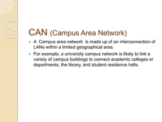 CAN (Campus Area Network) 
 A Campus area network is made up of an interconnection of 
LANs within a limited geographical area. 
 For example, a university campus network is likely to link a 
variety of campus buildings to connect academic colleges or 
departments, the library, and student residence halls. 
