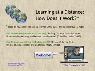 1
Learning at a Distance:
How Does it Work?*
First DE textbook (LearnerAssociates.net): ”Making Distance Education Work:
Understanding Learning and Learners at a Distance” (Edited by: Levine, 2005)
First DE experience (three professors) in 2005: Dr. Joseph Levine (U.S.),
Dr. josé Chotguis (Brazil), and Dr. Stanley Mopfu (Africa).
Images courtesy of ClipArt
Photo courtesy of RZP
*Based on my experience as a DE learner (2005-2013) and educator (2011-2015)
Welcome!
TEAM Conference 2015
Rita Zuba Prokopetz
 