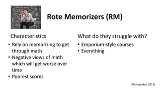 (Manspeaker, 2011)
Rote Memorizers (RM)
Characteristics What do they struggle with?
• Rely on memorizing to get
through math
• Negative views of math
which will get worse over
time
• Poorest scores
• Emporium-style courses
• Everything
 