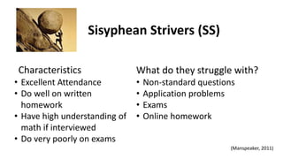 Sisyphean Strivers (SS)
Characteristics What do they struggle with?
• Excellent Attendance
• Do well on written
homework
• Have high understanding of
math if interviewed
• Do very poorly on exams
• Non-standard questions
• Application problems
• Exams
• Online homework
(Manspeaker, 2011)
 