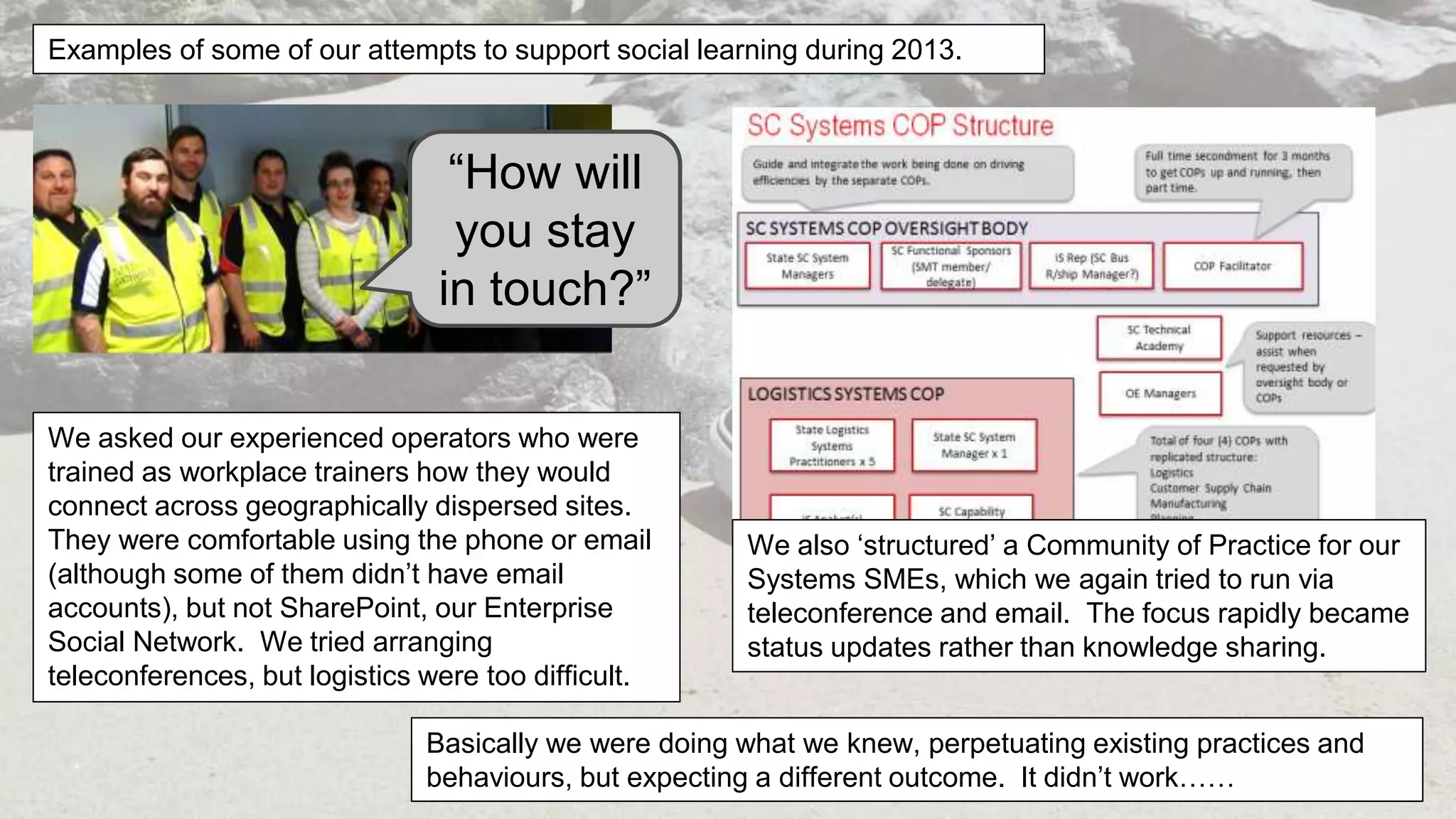“How will
you stay
in touch?”
Examples of some of our attempts to support social learning during 2013.
We asked our experienced operators who were
trained as workplace trainers how they would
connect across geographically dispersed sites.
They were comfortable using the phone or email
(although some of them didn’t have email
accounts), but not SharePoint, our Enterprise
Social Network. We tried arranging
teleconferences, but logistics were too difficult.
We also ‘structured’ a Community of Practice for our
Systems SMEs, which we again tried to run via
teleconference and email. The focus rapidly became
status updates rather than knowledge sharing.
Basically we were doing what we knew, perpetuating existing practices and
behaviours, but expecting a different outcome. It didn’t work……
 