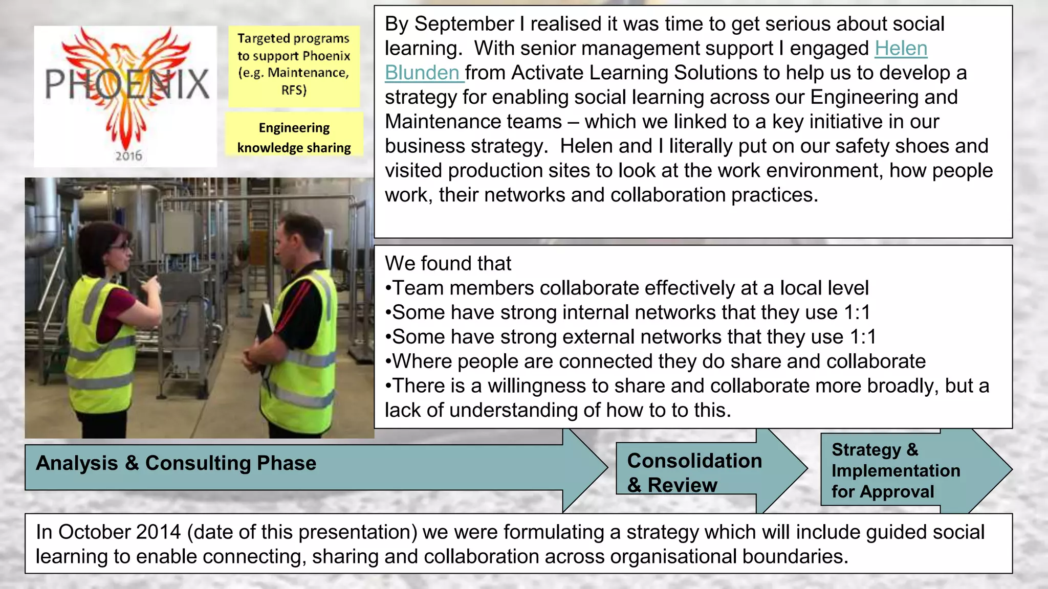 Engineering
knowledge sharing
Analysis & Consulting Phase Consolidation
& Review
Strategy &
Implementation
for Approval
By September I realised it was time to get serious about social
learning. With senior management support I engaged Helen
Blunden from Activate Learning Solutions to help us to develop a
strategy for enabling social learning across our Engineering and
Maintenance teams – which we linked to a key initiative in our
business strategy. Helen and I literally put on our safety shoes and
visited production sites to look at the work environment, how people
work, their networks and collaboration practices.
We found that
•Team members collaborate effectively at a local level
•Some have strong internal networks that they use 1:1
•Some have strong external networks that they use 1:1
•Where people are connected they do share and collaborate
•There is a willingness to share and collaborate more broadly, but a
lack of understanding of how to to this.
In October 2014 (date of this presentation) we were formulating a strategy which will include guided social
learning to enable connecting, sharing and collaboration across organisational boundaries.
 