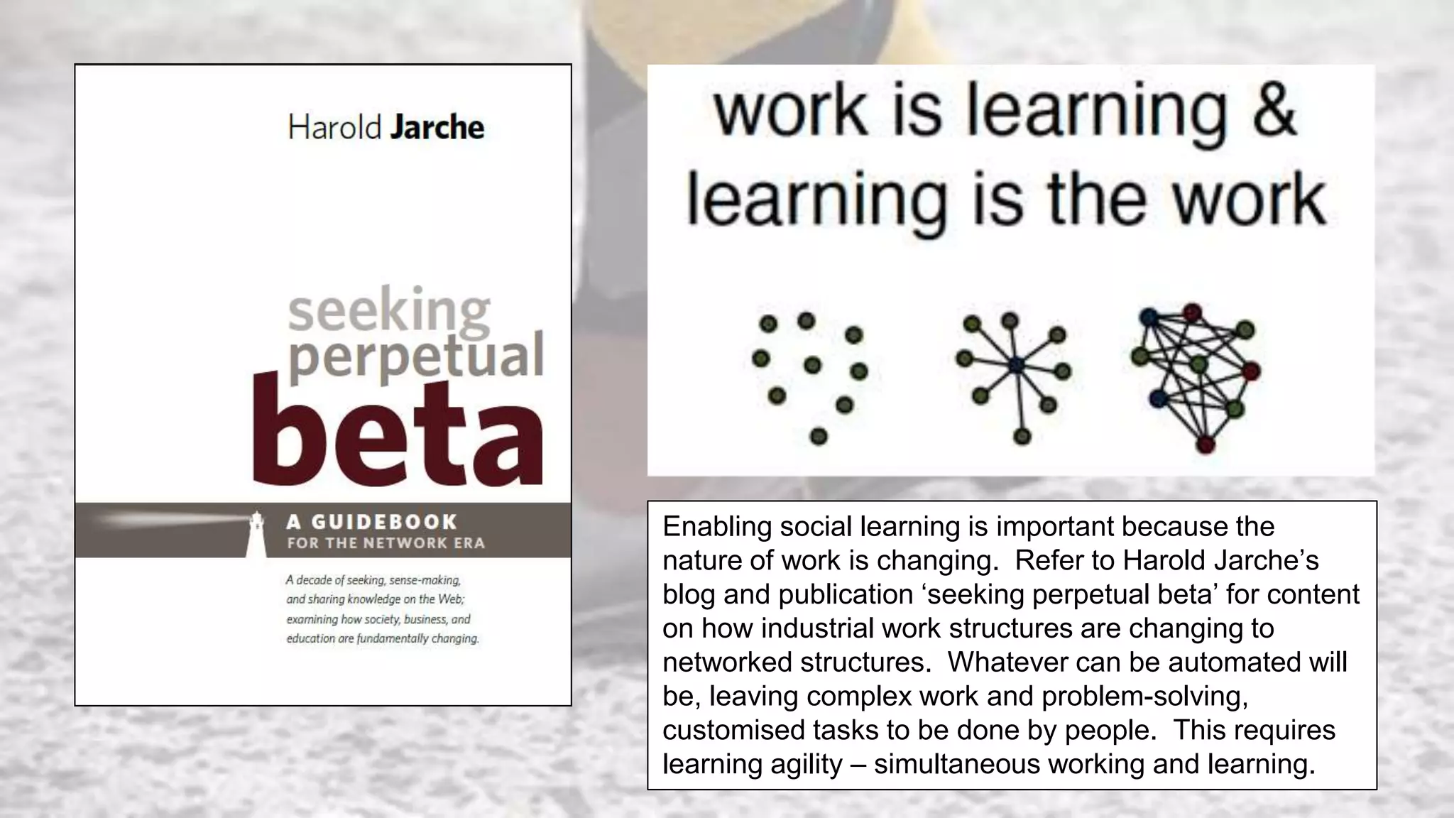 Enabling social learning is important because the
nature of work is changing. Refer to Harold Jarche’s
blog and publication ‘seeking perpetual beta’ for content
on how industrial work structures are changing to
networked structures. Whatever can be automated will
be, leaving complex work and problem-solving,
customised tasks to be done by people. This requires
learning agility – simultaneous working and learning.
 