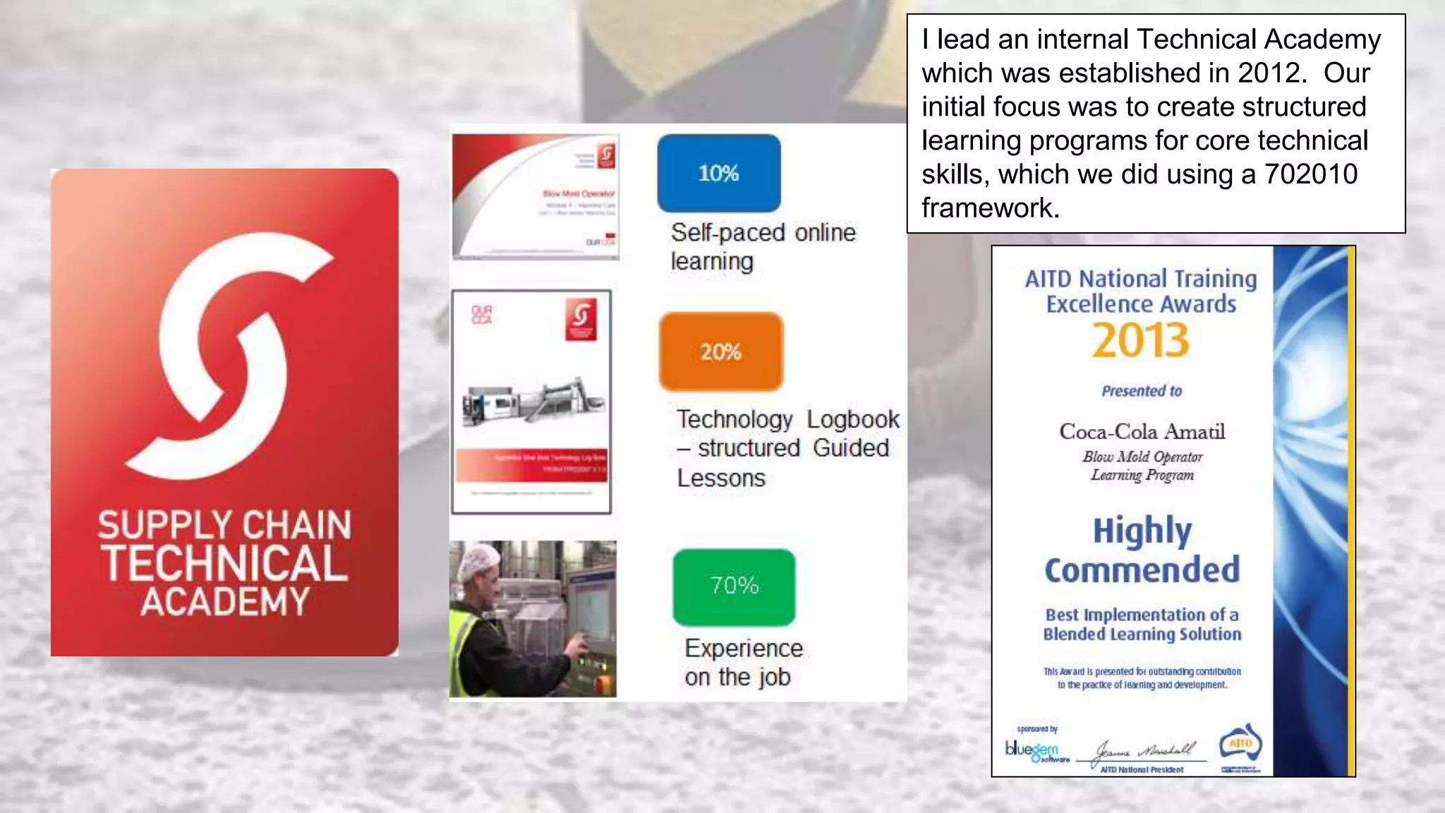 I lead an internal Technical Academy
which was established in 2012. Our
initial focus was to create structured
learning programs for core technical
skills, which we did using a 702010
framework.
 