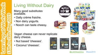@LAWWeekWire #laww2019
Living Without Dairy
Many good substitutes
available.
• Oatly crème fraiche.
• Non dairy yogurts.
• Nooch can taste cheesy.
Vegan cheese can never replicate
dairy cheese.
• Nut based 'cheeses'.
• Coconut 'cheeses'.
 