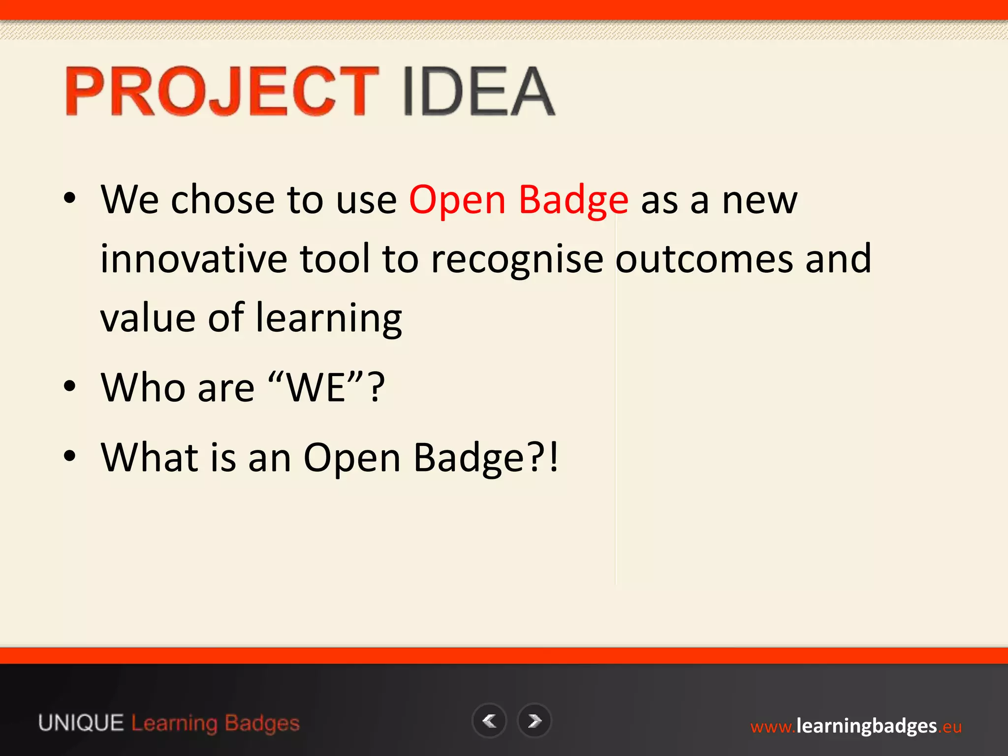 • We chose to use Open Badge as a new 
innovative tool to recognise outcomes and 
value of learning 
• Who are “WE”? 
• What is an Open Badge?! 
www.learningbadges.eu 
 
