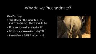 Why do we Procrastinate?
Goal Setting:
• The steeper the mountain, the
more basecamps there should be
• How do you eat an elephant?
• What can you master today???
• Rewards are SUPER important!
 