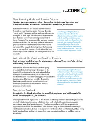 Student learning goals are clear, focused on the intended learning, and
communicated so all students understand the criteria for success.

Both the student and the teacher need to remain
focused on clear learning goals. Keeping these in          A learning goal differs from a
―kid- friendly‖ language and providing students with       learning objective. While the
examples of both high and low quality work ensures         objective describes what the student
that students know what learning is expected of            will do and the conditions under
them. As part of the assessment for learning process,      which the student will perform the
teachers articulate the learning goal to students and      task, the learning goal states the
provide students with the criteria for which their         intended learning that is to be
success will be judged. Knowing what the learning          attained. Usually the goal begins
                                                           with “understands that…” and the
goal is, having clear success criteria identified, and
                                                           success criteria begin with “I can…”
remaining focused on them are strong motivators for
students.



Instructional modifications for students are planned from carefully elicited
evidence of student learning.

The teacher includes the collection of on-going
evidence of student learning with regard to the            The learning gap differs from an
intended learning goal in the instructional plan           achievement gap. The learning gap
strategies. Upon interpreting the evidence, the            naturally exists for all students. It is
teacher identifies student learning gaps relative to the   the difference between what a
                                                           student currently knows and what
learning goal. The teacher provides descriptive
                                                           he/she needs to know next. As we
feedback to students and plans instructional
                                                           close one learning gap a new one
modifications based on the students’ zone of               emerges.
proximal development.



Descriptive feedback identifies the specific knowledge and skills needed to
reach learning goal (s) for students.

Descriptive feedback is provided to the student in a timely manner. It needs to provide the
student with information about what was done well, what still needs improving, and
suggestions regarding how to improve. Teachers must also provide the student with
opportunities to make the corrections. The feedback may be provided orally or through
written communication. It may be also provided by the teacher, another adult, or by a peer;
but it is critical that feedback is focused on what a student might do to build on current
knowledge.
 
