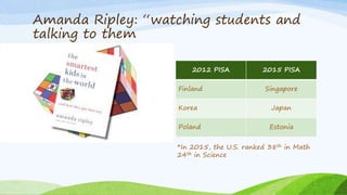 Amanda Ripley: “watching students and
talking to them
• First bullet point here
• Second bullet point here
• Third bullet point here
2012 PISA 2015 PISA
Finland Singapore
Korea Japan
Poland Estonia
*In 2015, the U.S. ranked 38th in Math
24th in Science
 
