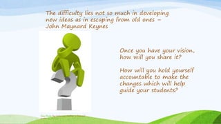 The difficulty lies not so much in developing
new ideas as in escaping from old ones –
John Maynard Keynes
This Photo by Unknown Author is licensed
under CC BY-SA
Once you have your vision,
how will you share it?
How will you hold yourself
accountable to make the
changes which will help
guide your students?
 