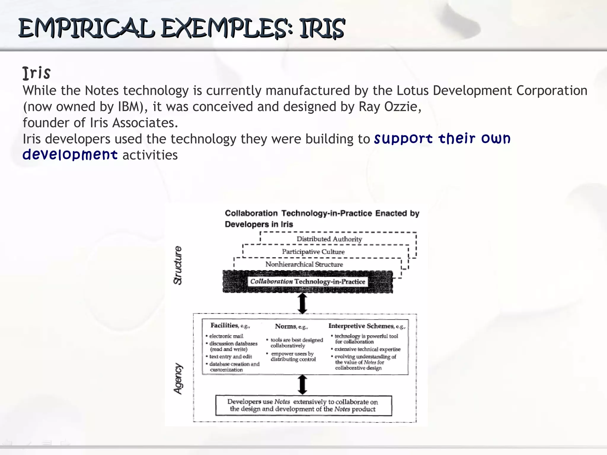 EMPIRICAL EXEMPLES: IRIS Iris While the Notes technology is currently manufactured by the Lotus Development Corporation (now owned by IBM), it was conceived and designed by Ray Ozzie, founder of Iris Associates.  Iris developers used the technology they were building to  support their own development   activities 